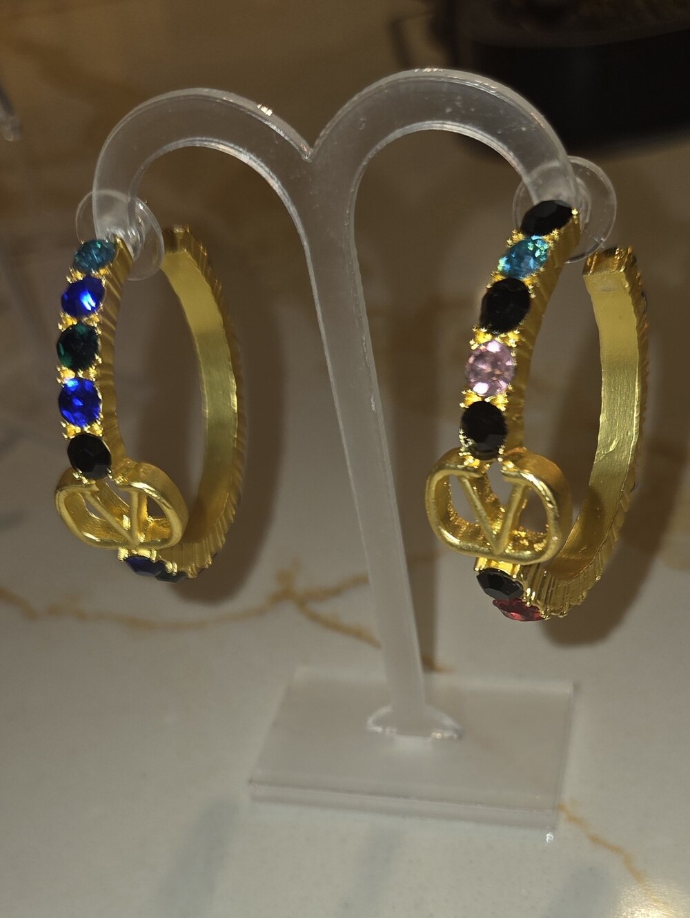 Gold Hoop Earrings with Multicolor Gemstones - Designer Style NWT